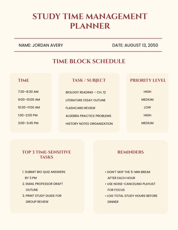 Free Study Time Management Planner Template to Edit Online