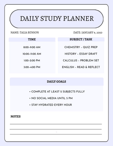 Free Daily Study Planner Template to Edit Online