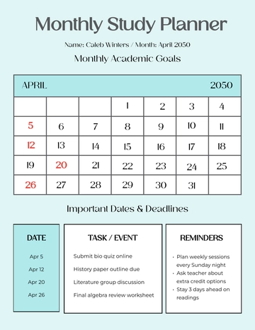 Free Monthly Study Planner Template to Edit Online
