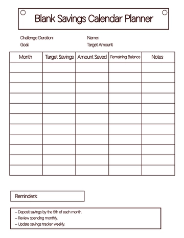 Free Blank Savings Calendar Planner Template to Edit Online