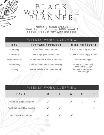 Free Black Work Life Planner Template to Edit Online