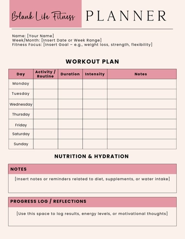 Free Blank Life Fitness Planner Template to Edit Online