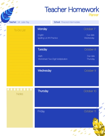 Free Teacher Homework Planner Template to Edit Online