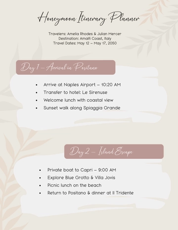 Free Honeymoon Itinerary Planner Template to Edit Online
