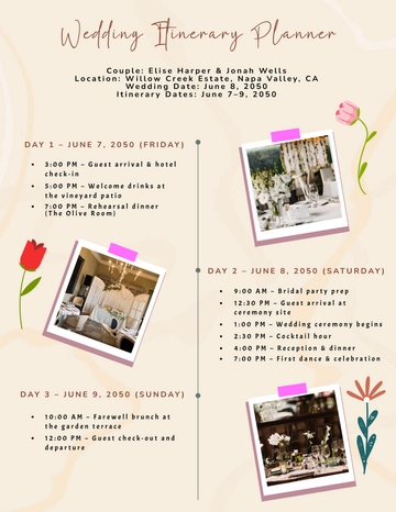 Free Creative Wedding Itinerary Planner Template to Edit Online