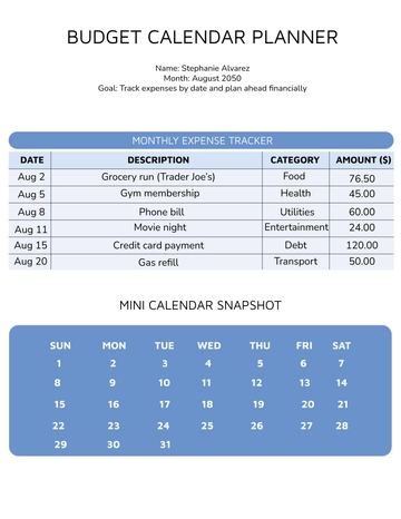 Free Budget Calendar Planner Template to Edit Online
