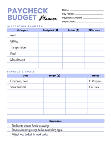 Free Paycheck Budget Planner Template to Edit Online