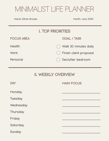 Free Minimalist Life Planner Template to Edit Online