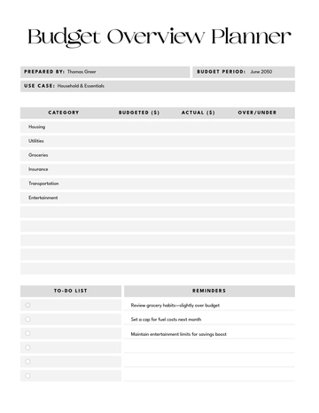 Free Simple Budget Overview Planner Template to Edit Online