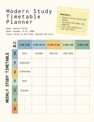 Free Modern Study Timetable Planner Template to Edit Online