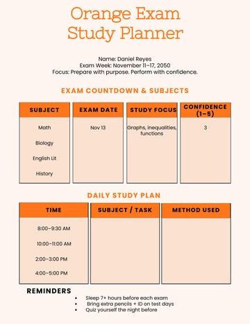 Free Orange Exam Study Planner Template to Edit Online
