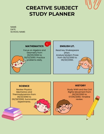 Free Creative Subject Study Planner Template to Edit Online