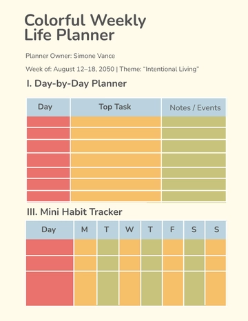 Free Colorful Weekly Life Planner Template to Edit Online