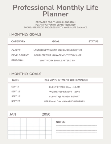 Free Professional Monthly Life Planner Template to Edit Online