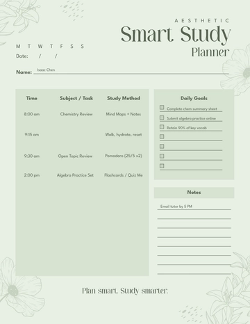 Free Aesthetic Smart Study Planner Template to Edit Online