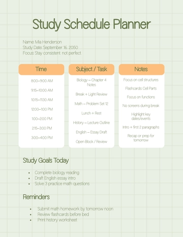 Free Study Schedule Planner Template to Edit Online