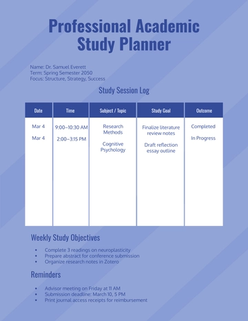 Free Professional Academic Study Planner Template to Edit Online
