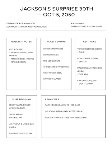 Free Simple Surprise Party Planner Template to Edit Online