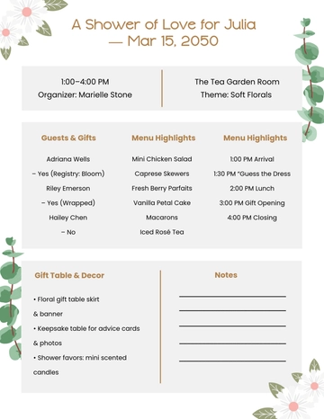 Free White Bridal Shower Party Planner Template to Edit Online