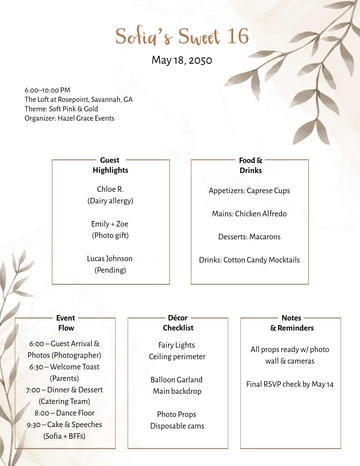 Free Aesthetic Sweet 16 party Planner Template to Edit Online