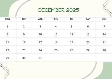 Free Monday Start December 2025 Monthly Calendar Template to Edit Online