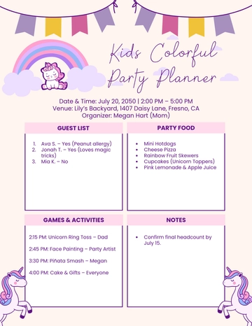 Free Kids Colorful Party Planner Template to Edit Online