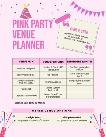 Free Pink Party Venue Planner Template to Edit Online