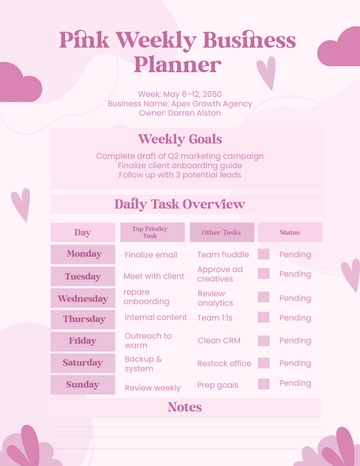Free Pink Weekly Business Planner Template to Edit Online