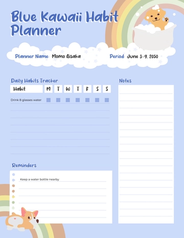 Free Blue Kawaii Habit Planner Template to Edit Online
