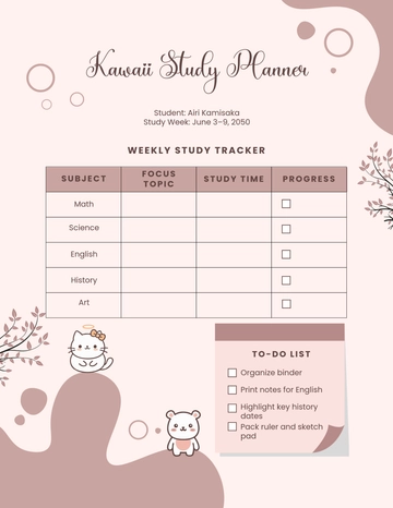 Free Kawaii Study Planner Template to Edit Online