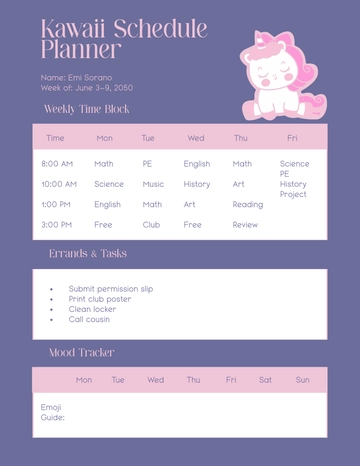 Free Kawaii Schedule Planner Template to Edit Online