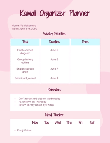 Free Kawaii Organizer Planner Template to Edit Online