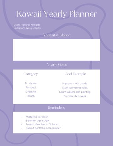 Free Kawaii Yearly Planner Template to Edit Online