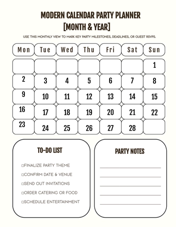 Free Modern Calendar Party Planner Template to Edit Online