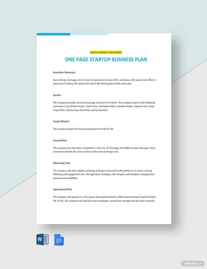 One Page Startup Business Plan Template