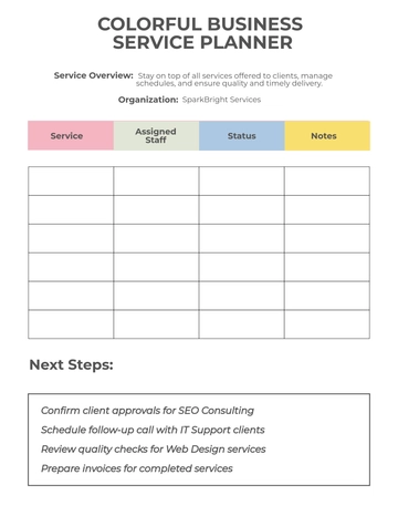 Free Colorful Business Service Planner Template to Edit Online