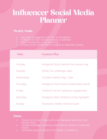Free Pink Influencer Social Media Planner Template to Edit Online