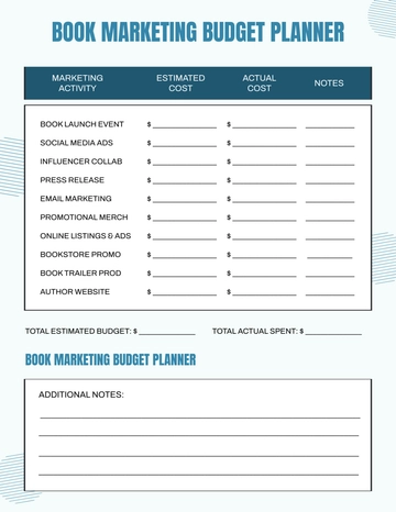 Free Book Marketing Budget Planner Template to Edit Online
