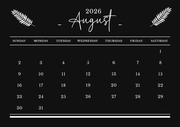 Free Black and White August 2026 Calendar Template to Edit Online