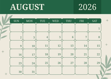 Free Green Organic August 2026 Calendar Template to Edit Online