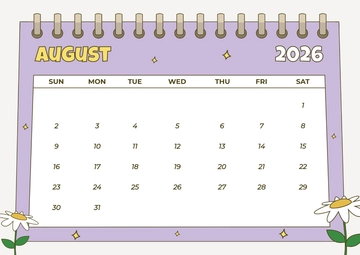 Free August Cartoon 2026 Calendar Template to Edit Online
