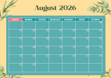 Free Olive Leaves August 2026 Calendar Template to Edit Online