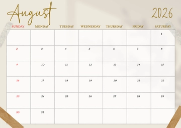 Free Simple Cream August 2026 Calendar Template to Edit Online