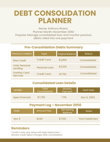 Free Debt Consolidation Planner Template to Edit Online
