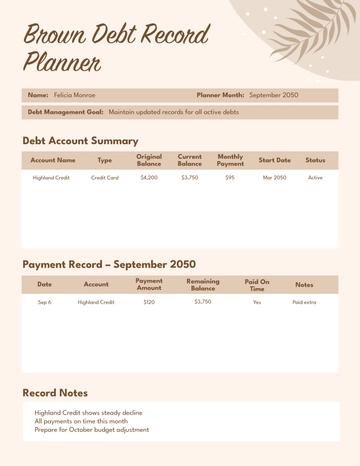 Free Brown Debt Record Planner Template to Edit Online