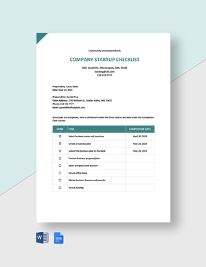 Company Startup Checklist Template