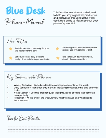 Free Blue Desk Planner Manual Template to Edit Online
