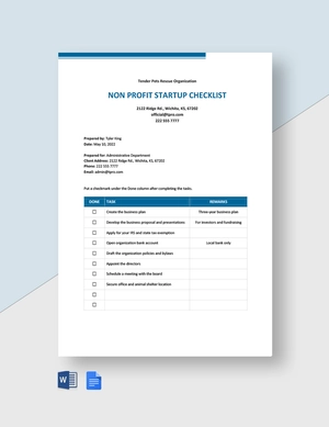 Non Profit Startup Checklist Template