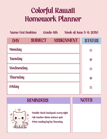Free Colorful Kawaii Homework Planner Template to Edit Online