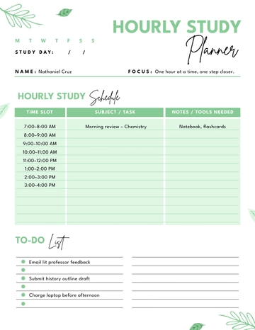 Free Hourly Study Planner Template to Edit Online